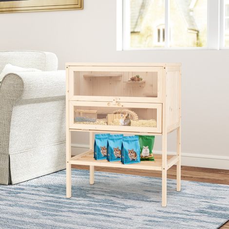Cage pour Hamster Habitat en Bois avec Toit en Maille Réversible Zones Multi-Echelles Design avec Rampe Rangement Inferieur Nature (1/3)