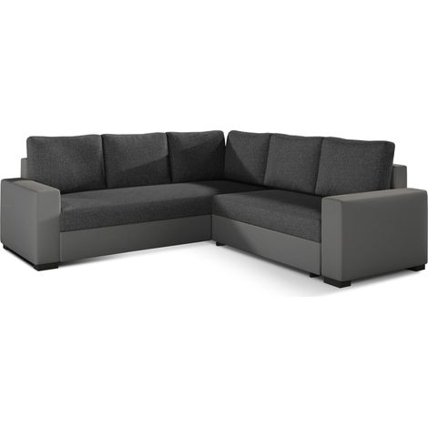 Les Tendances – Canapé d'angle convertible 235x235cm – Tissu gris foncé et simili cuir – Couchage 195x135cm – Rangement intégré – Fabrication européenne (1/5)