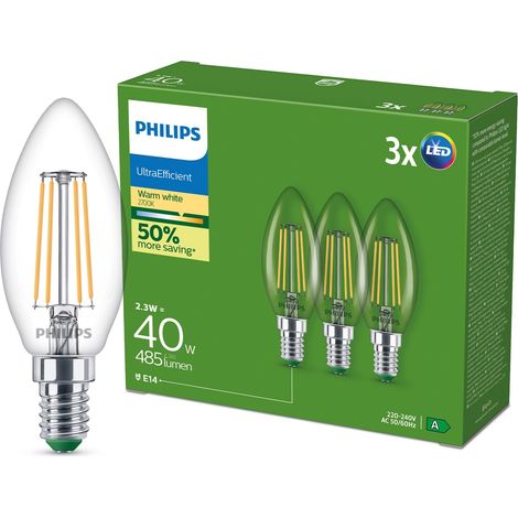 LED ampoule classe énergétique A, équivalent 40W, culot E27, candle, clair, éclairage blanc chaud (2700K), 3-pack (1/5)