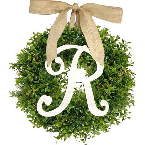 Türkranz – Holzrahmen mit künstlichem Grün und Juteschleife – personalisierbar mit Familiennamen – ganzjährig für drinnen und draußen geeignet – 37 x 29 x 7 cm – 1 Stück (1/2)