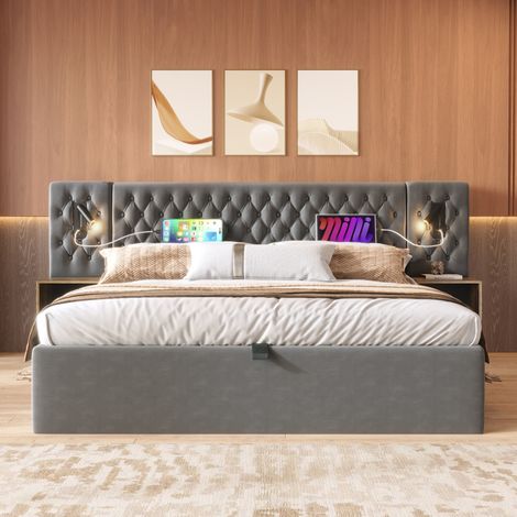 Lit coffre,lit double,lit adulte 160x200 avec lumière et fonction de chargement USB, lit capitonné - velours,gris (1/5)