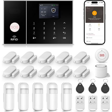 1 Kit Alarme Maison,WiFi + GSM 4G,Capteur Porte,Détecteur Mouvement,Télécommande,Appartement