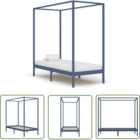 The Living Store Cadre de lit à baldaquin sans matelas gris bois massif 90x200cm - Cadre De Lit - Lit À Baldaquin - Lit En Bois - Lit Double - Chambre À Coucher (1/5)