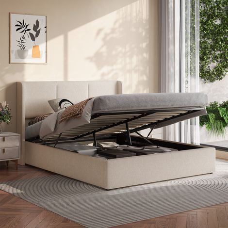 Lit coffre double 140x190 cm, lit rembourré avec rangement hydraulique, tête de lit à oreilles capitonnée, style scandinave, tissu en lin beige