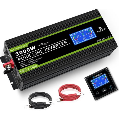 Convertisseur Pur Sinus 3000W 6000W Onduleur 24V 220V 5m Télécommande avec codes d'erreur, écran LCD, 2 EU Prises, 1 port USB, pour Voiture, Caravane, Bateau, Camping, Voyage (1/5)