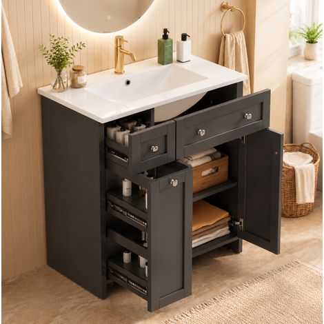 Mueble de lavabo independiente de 76x47x86 cm con 3 cajones y espacio de almacenamiento, cerámica y MDF lacado en negro (1/5)