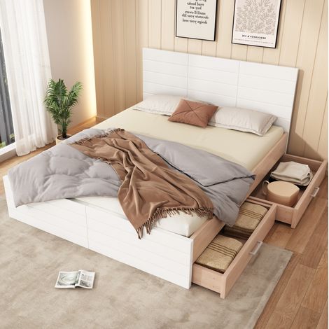 Doppelbett 160/200 cm 165/207/80 cm weiß/eichefarben aus Massivholz und MDF mit 2 Schubladen (1/5)