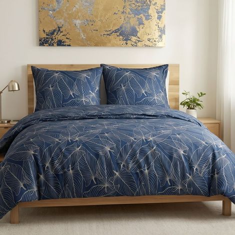 Parure housse de couette 240x220cm + 2 taies motif feuilles bleu et beige 100% coton - MELDA (1/4)