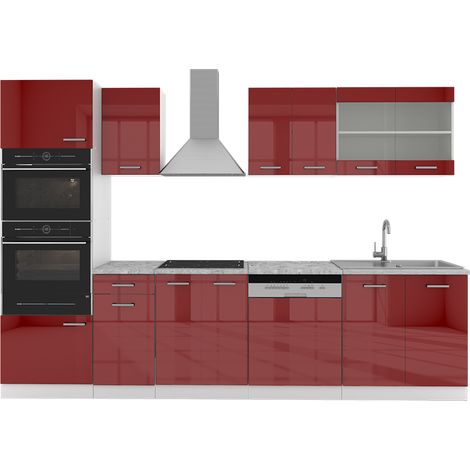 Küchenzeile R-Line, Bordeaux Hochglanz/Weiß, 300 cm mit Hochschrank, ohne Arbeitsplatte, Vicco