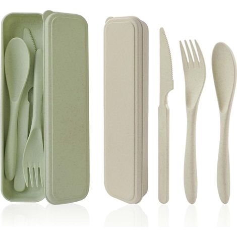 Couverts Réutilisables - 2 Ensembles - Plastique Durable - Avec Étui De Transport - Pour Pique-nique Et Voyage - Vert Et Beige