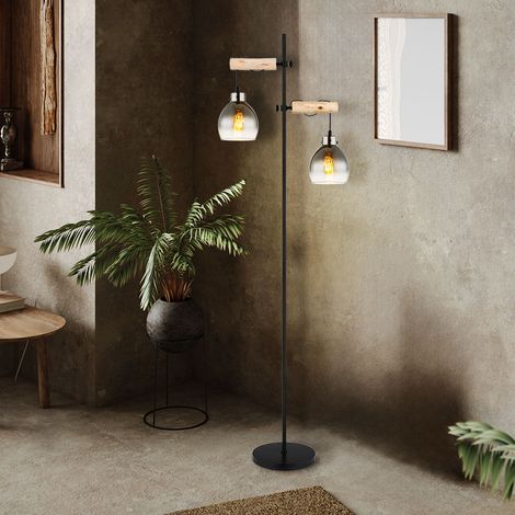 Stehlampe Stehleuchte Wohnzimmerlampe 2 flammig höhenverstellbar Rauchglas Holz