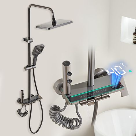 Colonne de Douche LED avec Écran Numérique et Affichage de l’Heure, Système de Douche à Robinetterie Réglable en Hauteur, 4 Fonctions avec Douchette Hygiénique et Boutons Piano (1/5)