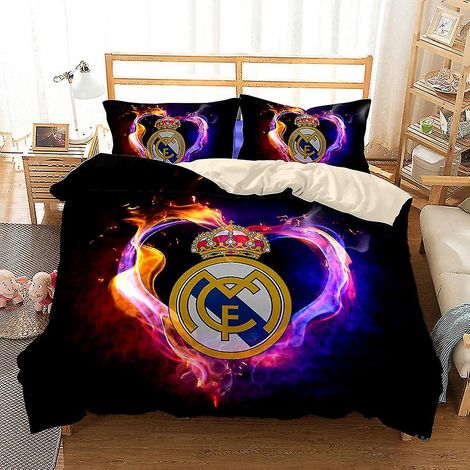 Parure de lit 3 pièces imprimée en 3D avec motif de flammes (140 x 210 cm) - Housse de couette + taie d'oreiller - Motif football