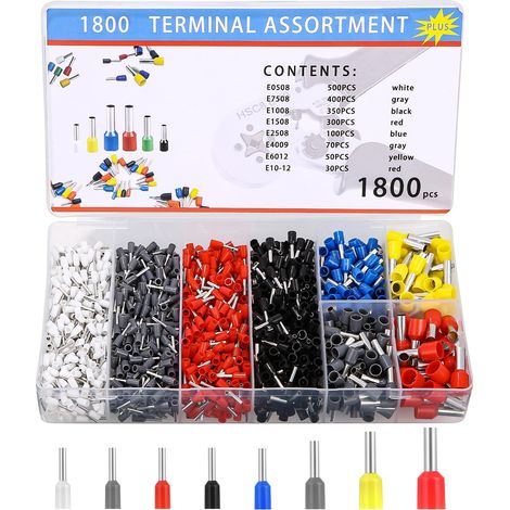 Juego de 1800 casquillos para terminales de cable aislados, de 0,5 mm² a 10 mm², para conectores de crimpado.