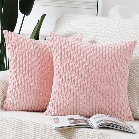 Ensemble de 2 housses de coussin - Rayures bohèmes, décoratives, en velours côtelé doux - Pour chambre et canapé - Rose clair 45 x 45 cm (1/5)