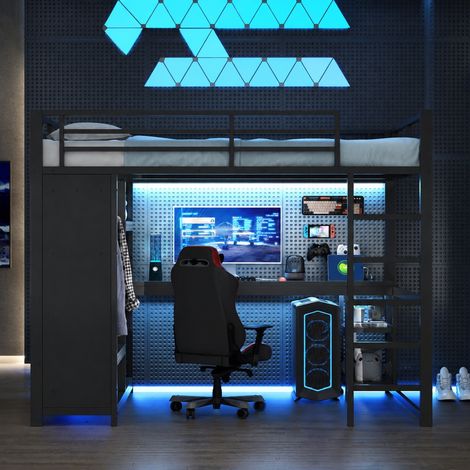 DESMIU Lit mezzanine 2 places avec LED, bureau, dressing ouvert et étagères 140 × 200 cm, sans matelas, noir (1/4)