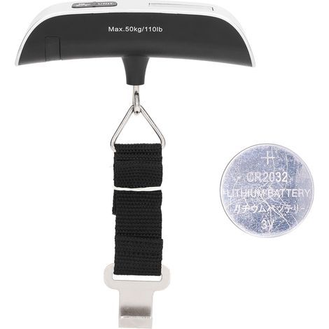Portable luggage scale with a 50kg capacity, featuring a backlit LCD screen and integrated strap for suitcases, bags and parcels. (1/3)