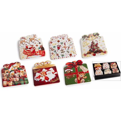 Sottobicchiere natalizio in ceramica lucida con dettagli oro, rilievi e su base in sughero. Con espositore da 24 pezzi, set da 24 pezzi, cm 10 x 11 H