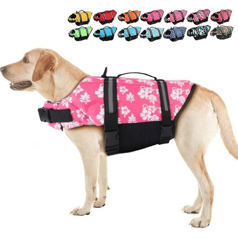 Reflektierende und verstellbare Hundeschwimmweste mit Rettungsgriff und erhöhtem Auftrieb zum Schwimmen – XXL – Rosa mit Blumenmuster