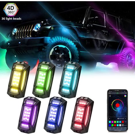 Projecteurs LED multicolores pour roches (lot de 6), grand angle 150°, étanches IP68, avec application et synchronisation Bluetooth, fonction musique, pour SUV, quad et SSV. (1/5)