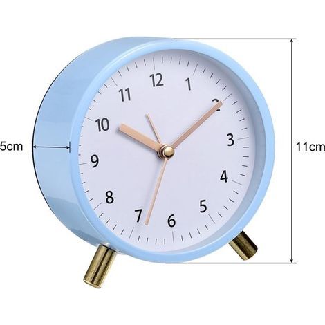 Metall-Quarz-Wecker, runder Reisewecker für Schlafzimmer, mit einfacher Beleuchtungsfunktion, 12/24-Stunden-Anzeige, 11 cm (blau)