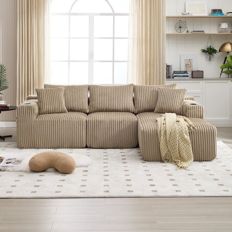 Divano modulare 257x160x62 cm kaki in velluto a coste con chaise longue, portabicchieri e 5 cuscini (1/5)