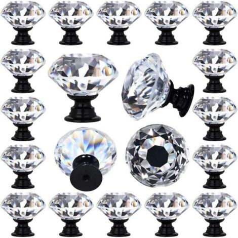 Pair Lot de 12 poignées de tiroir en verre cristal transparent en forme de losange décoratif pour cuisine, commode, 30 mm (1-1/4\"), base de couleur noire (1/4)