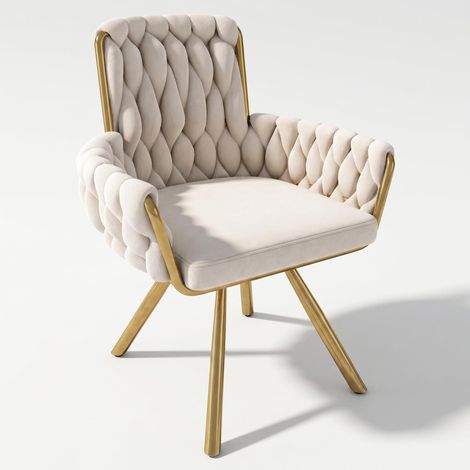 FurnitureR Swivel Dining Chair, Cream Velvet Upholstered Kitchen Chairs with Gold Metal Legs, Modern Accent Dining Chairs with Curved Backrest & Armrests