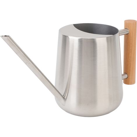 Piccolo annaffiatoio in acciaio inox per piante da interno, con beccuccio lungo e manico in legno, ideale per fiori da giardino. (1/5)