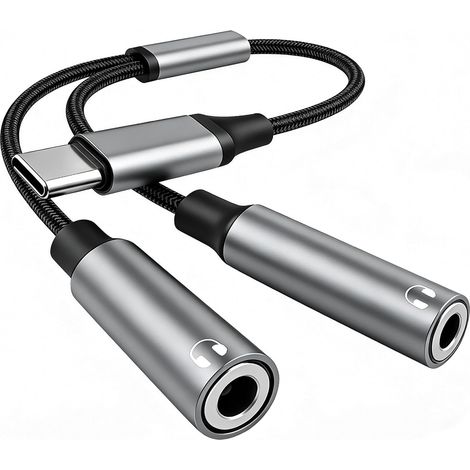 1 Adaptateur USB C vers 2 Prises Jack 3.5mm, DAC Hi-Res 24Bit/96KHz, Câble Audio Tissé Aluminium, Compatible iPhone iPad Galaxy (1/5)