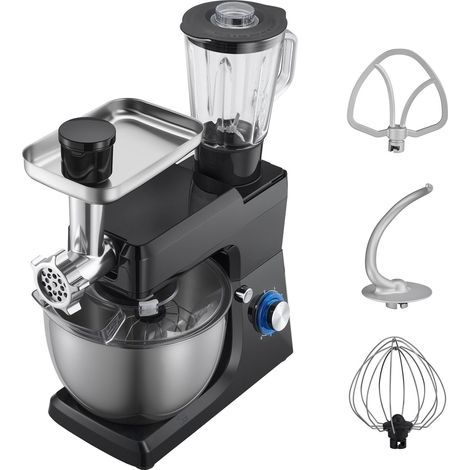 Robot Pâtissier 7,8L, 1500W, 6 vitesses + pulse, Bol inox, Fouet, Crochet, Batteur, Coupe 1,5L, Noir (1/5)