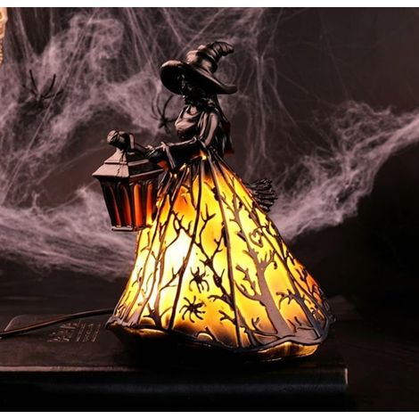 Lampe de table en verre teinté en forme de chapeau de sorcière - Décoration d'Halloween gothique - Base en bronze avec motif soleil - Alimentée par USB (jaune) (1/5)