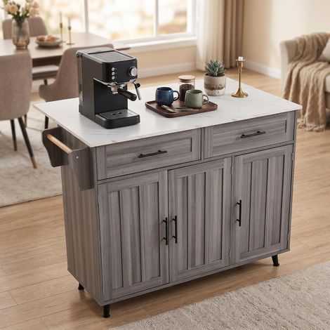 FurnitureR Grey White Kitchen Trolley 129x46x91.5cm with 2 Drawers (1/5)