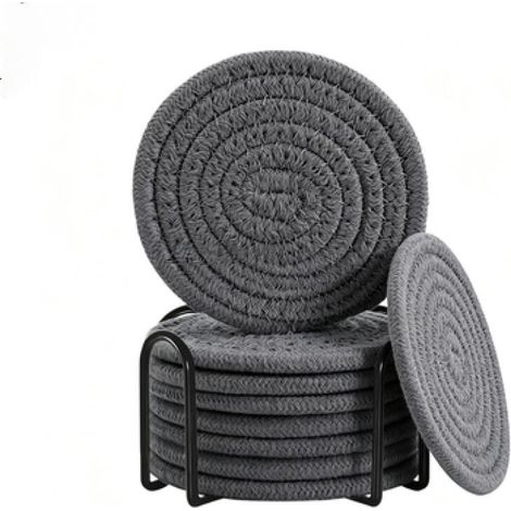 Juego de 8 posavasos absorbentes con base, de algodón, que miden 11 x 11 x 7,3 cm, en color gris oscuro. (1/5)