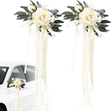 Lot de 2 décorations de voiture de mariage - Style vintage - Fleur artificielle avec ventouses - Pour rétroviseur de voiture - Blanc laiteux (1/5)