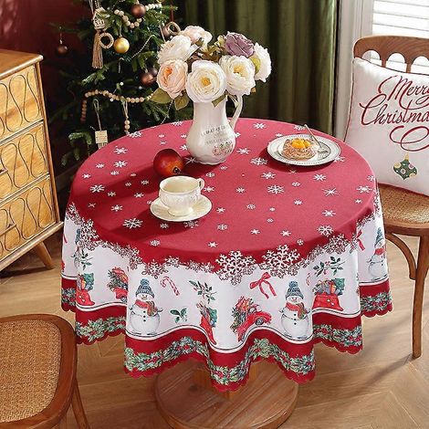 Nappe ronde rouge imperméable en polyester, neuve, idéale pour les fêtes de Noël. Décoration de table festive, motif imprimé. 150 yuans. (1/4)