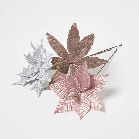 HOMESCAPES Artificial Set of 3 Pink Poinsettia Single Stem Decorations (1/5)