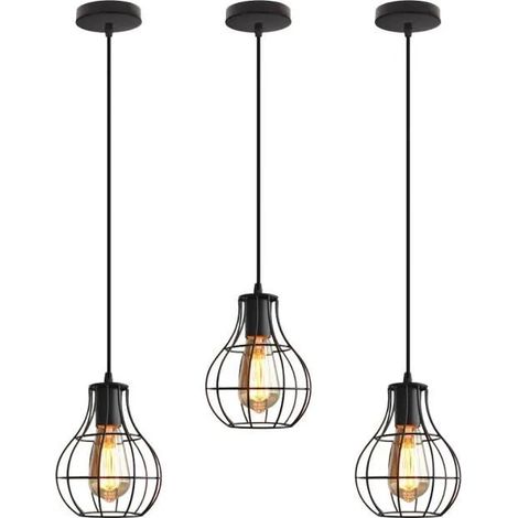 U-Do 3x Vintage Lustre illuminé Lampe Cage en Fer Noir E27 Suspension Luminaire Rétro Lampe pour Escalier Chambre (1/4)