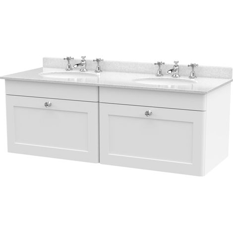 Swynnerton Traditional 2 Drawer Wall Hung Vanity Unit with Double Marble Basin, Satin White, 1200mm