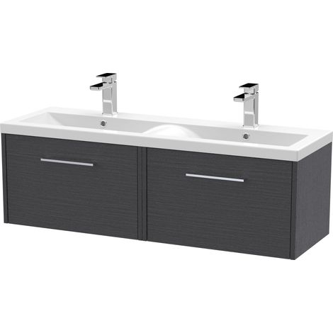 Winshill Contemporary 2 Drawer Wall Hung Vanity Unit with Double Basin, Woodgrain Dark Grey, 1200mm