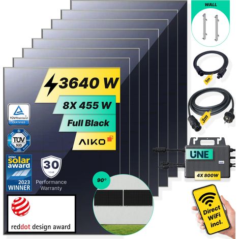 ROBINSUN®️ Kit Solar Enchufable Performance Wall-90 3.640Wp, 8 paneles Aiko 455Wp + 4 Microinversores 800W con Wifi incluído+Cable 3m+8 Fijaciones 90º (1/5)