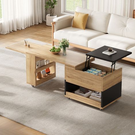 Ausziehbarer multifunktionaler Couchtisch mit Stauraum, Hubplatte und Rollen, Natur/Schwarz (1/5)