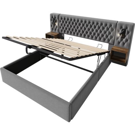 GagaLit rembourré AB30260234G 160x200 cm gris velours chevets USB (1/5)
