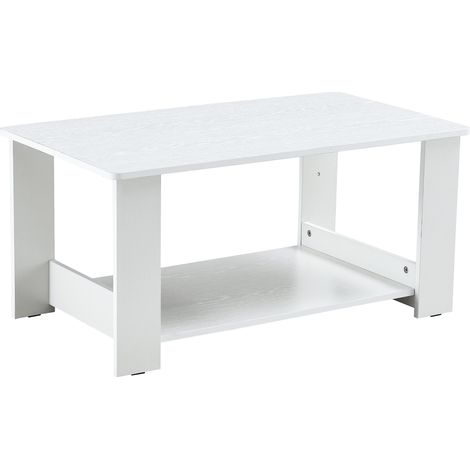 Table basse blanche aspect bois 90x50x42 cm, 2 étagères de rangement, gain de place pour petit salon