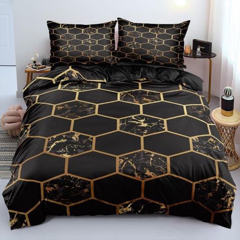 Bettwäsche-Set 200x200cm Schwarz Gold Geometrie 3D Hexagon Mikrofaser mit Reißverschluss