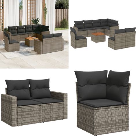 9-tlg. Garten-Sofagarnitur mit Kissen Grau Poly Rattan - Gartenmöbel Set - Esszimmergarnitur Outdoor - Lounge Möbel - Rattan Gartenmöbel - Wetterfeste Gartenmöbel - Home & Living (1/5)