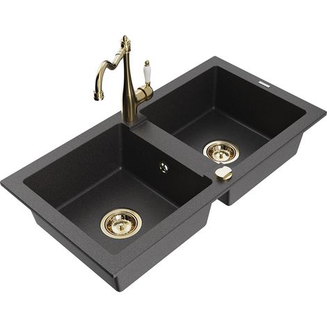 Mexen Mario lavello in granito a 2 camere con rubinetto da cucina Carla, nero punteggiato - 6504-76-670700-50 (1/5)