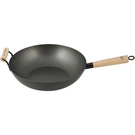 H&H Alessandro Borghese, Padella Wok Antiaderente con Manico e Presa in Legno da 32 cm, Ferro, Nero (1/3)