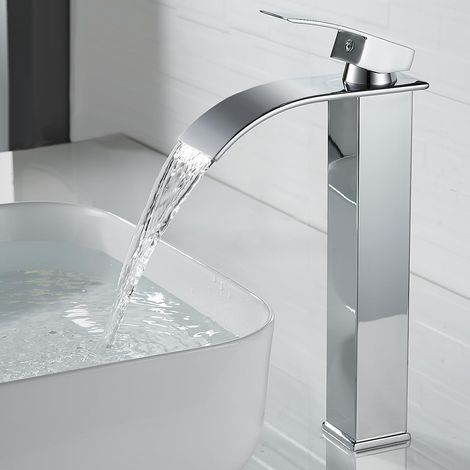 Modern High Waterfall Sink Faucet, Elegant Design, Brass Single Lever Basin Mixer Tap, Hot and Cold Water Available, Chrome Waterfall Faucet (1/5)