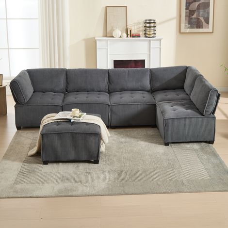 Canapé modulaire 6 places en tissu cord, convertible, avec poches, gris DESVIAE (1/5)